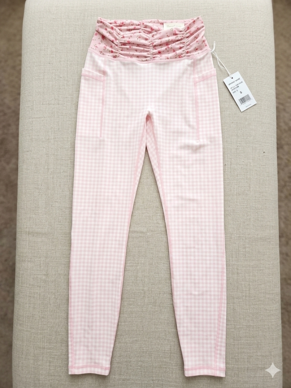 Girls' Pink Gingham Leggings with Ruched Waistband